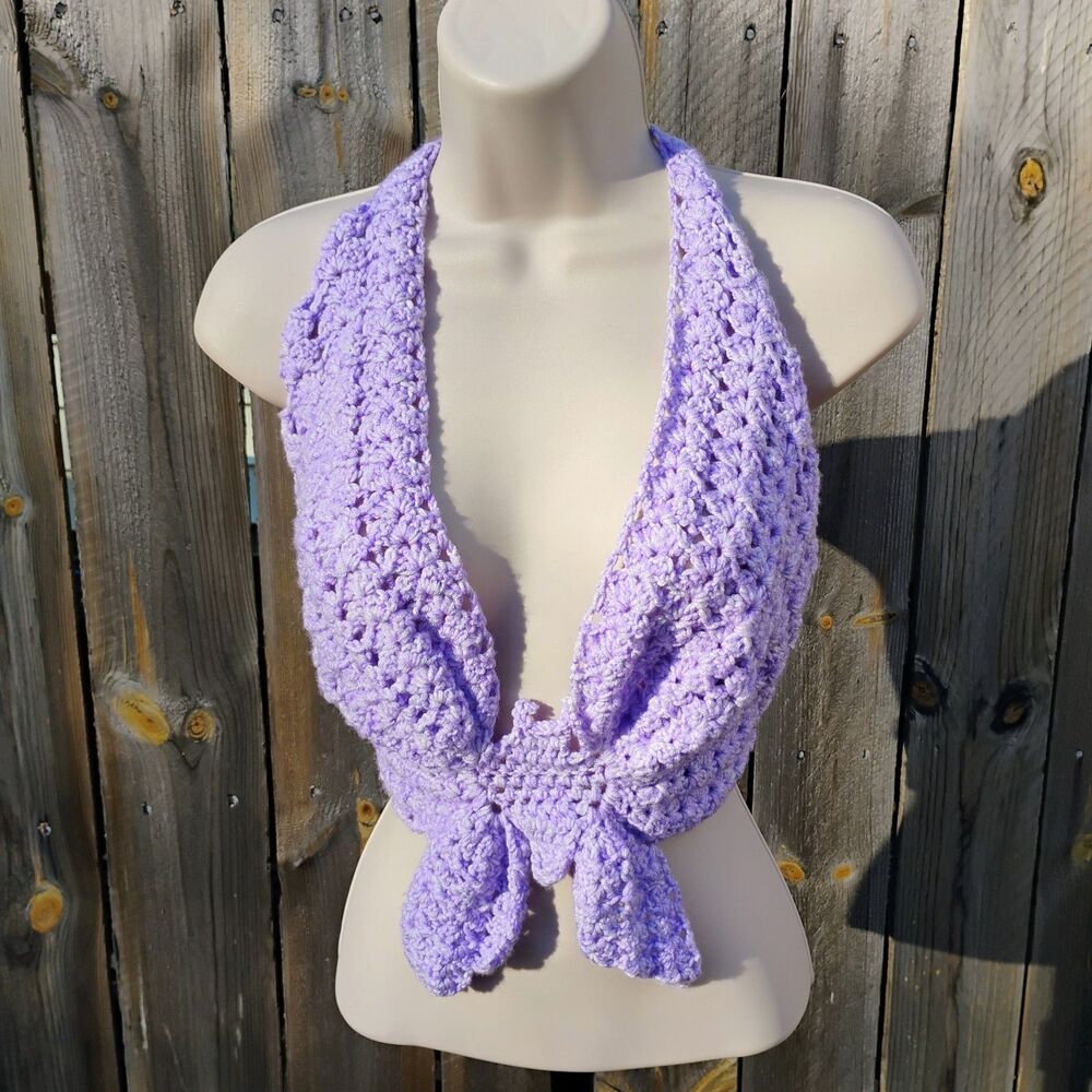 Handmade Crochet Butterfly Crop Top Boho Festival Halter Bralette Purple XS-XL